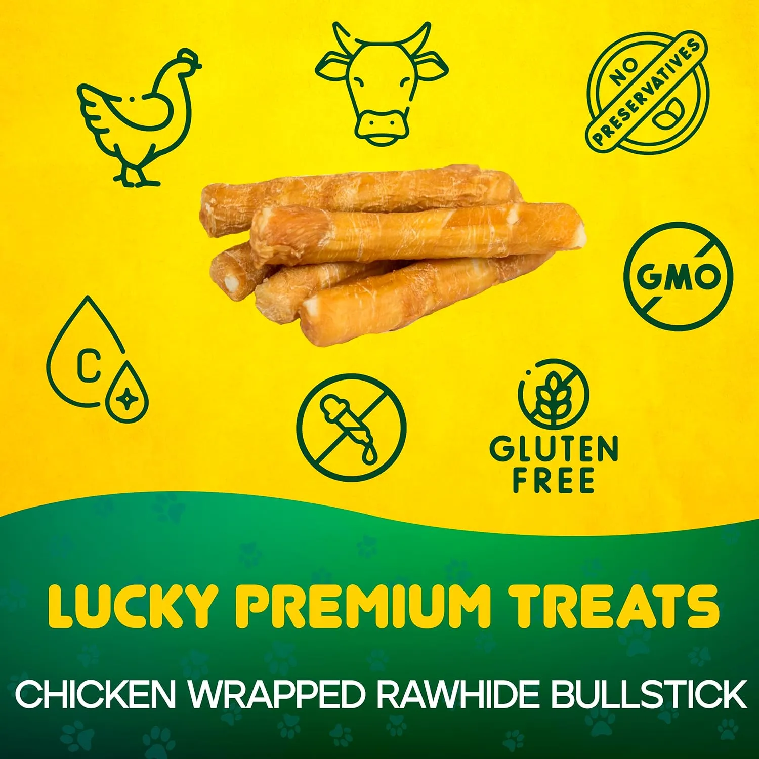 Lucky Premium Treats Chicken Wrapped Dog Treats  Bull Stick - USA Made Raw Hide for Extra Large Dogs  Long Lasting, Preservative Free Dog Treats  6 Chews