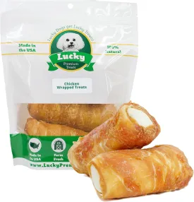 Lucky Premium Treats Chicken Wrapped Dog Treats  USA Made Raw Hide Sticks for Extra Large Size Dogs  Long Lasting, Preservative Free Dog Treats  4 Chews