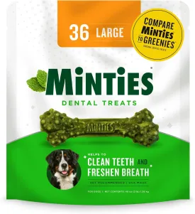 Minties Dental Chews for Dogs, 36 Count, Vet-Recommended Mint-Flavored Treats for Large Dogs Over 50 lbs, Dental Bones Clean Teeth, Fight Bad Breath, and Removes Plaque and Tartar