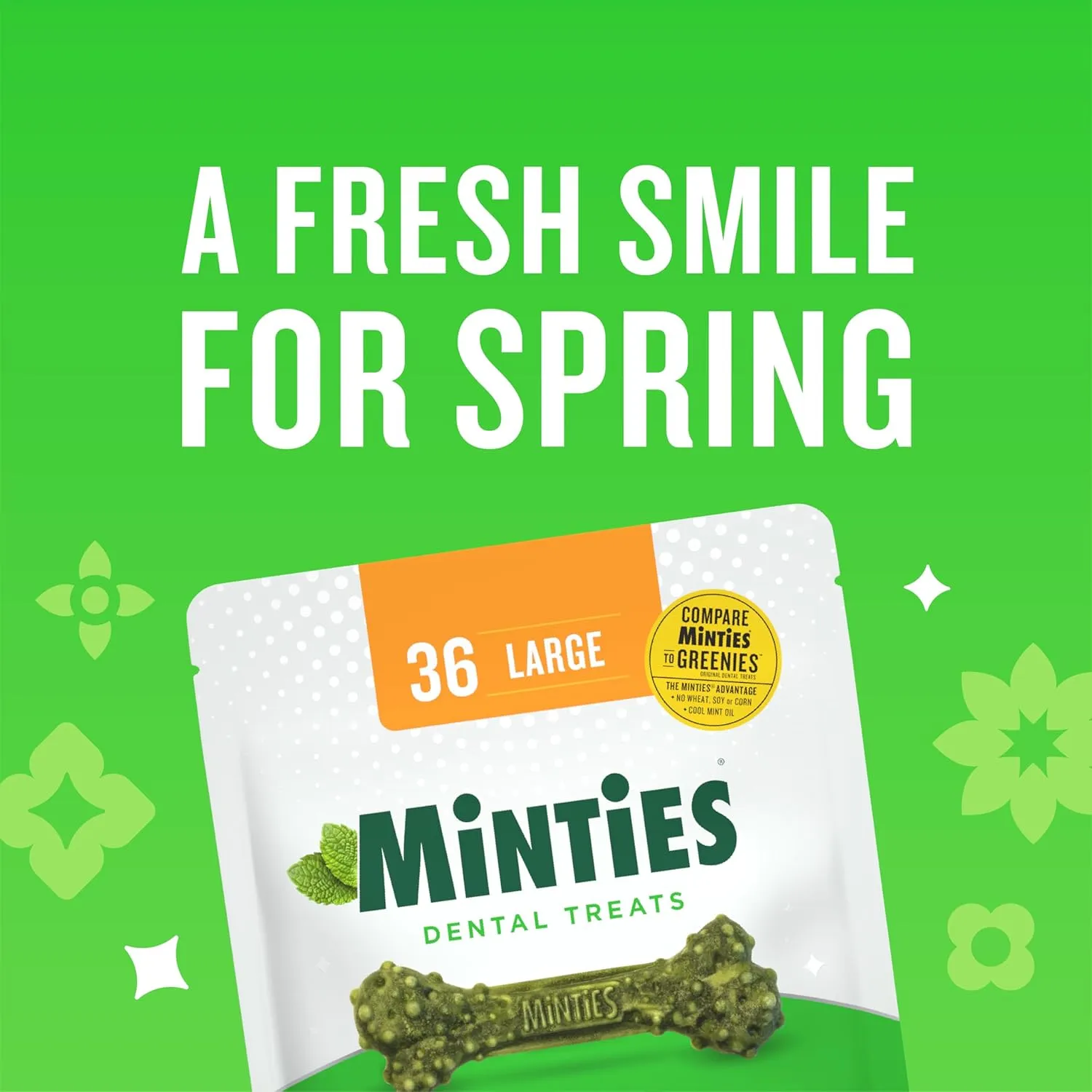 Minties Dental Chews for Dogs, 36 Count, Vet-Recommended Mint-Flavored Treats for Large Dogs Over 50 lbs, Dental Bones Clean Teeth, Fight Bad Breath, and Removes Plaque and Tartar