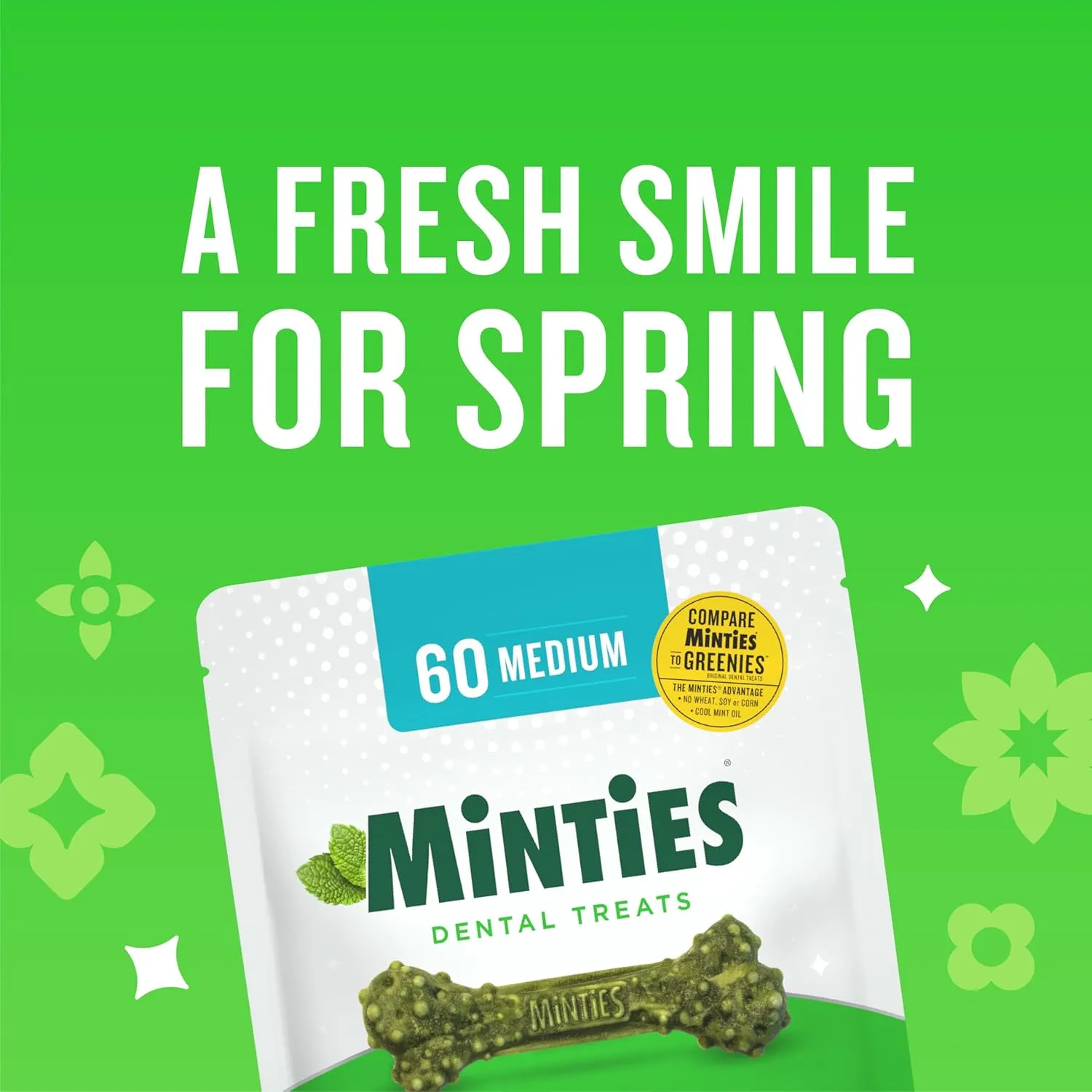 Minties Dental Chews for Dogs, 40 Count, Vet-Recommended Mint-Flavored Dental Treats for Medium Dogs 25-50 lbs, Dental Bones Clean Teeth, Fight Bad Breath, and Removes Plaque and Tartar