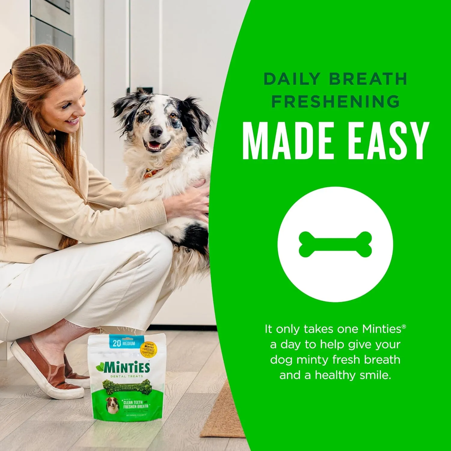 Minties Dental Chews for Dogs, 60 Count, Vet-Recommended Mint-Flavored Treats for Medium Dogs 25-50 lbs, Dental Bones Clean Teeth, Fight Bad Breath, and Removes Plaque and Tartar