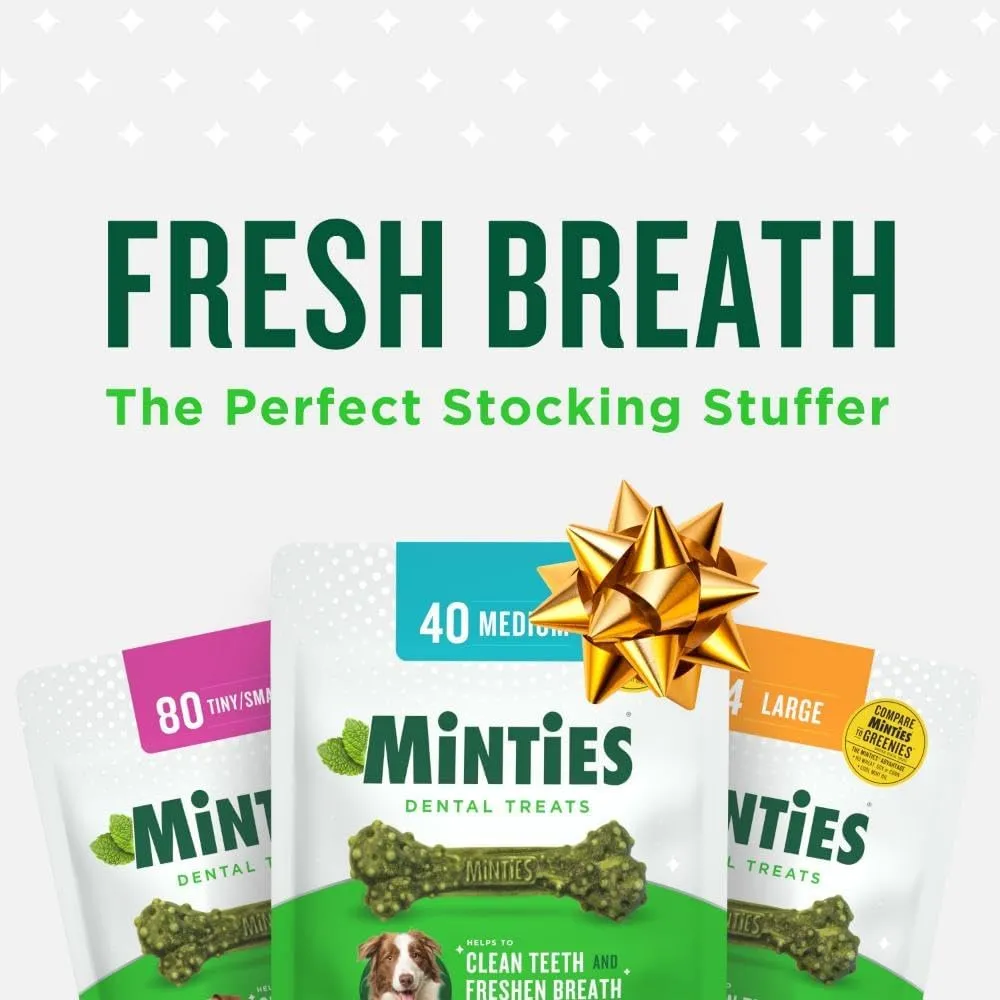 Minties Dental Chews for Dogs, 60 Count, Vet-Recommended Mint-Flavored Treats for Medium Dogs 25-50 lbs, Dental Bones Clean Teeth, Fight Bad Breath, and Removes Plaque and Tartar