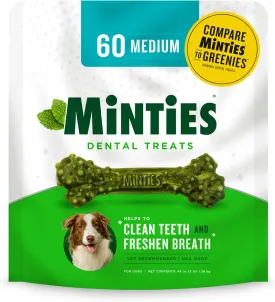 Minties Dental Chews for Dogs, 60 Count, Vet-Recommended Mint-Flavored Treats for Medium Dogs 25-50 lbs, Dental Bones Clean Teeth, Fight Bad Breath, and Removes Plaque and Tartar