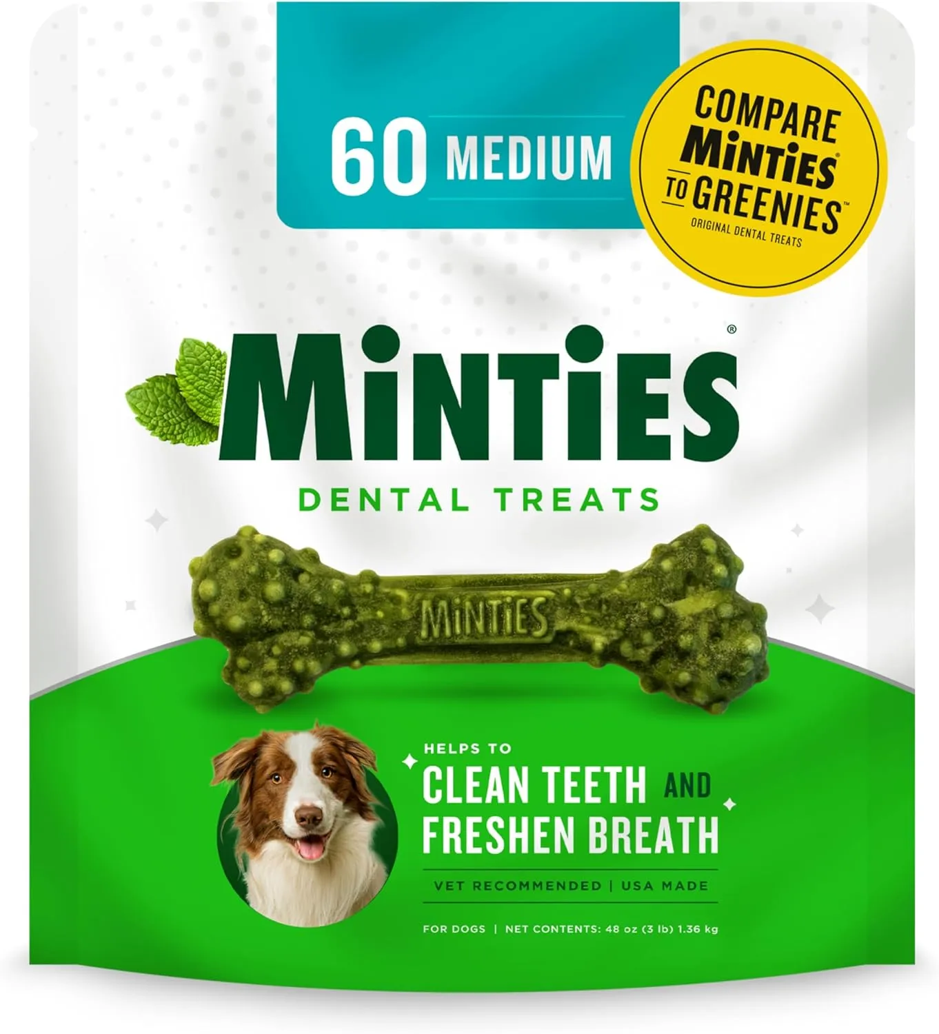 Minties Dental Chews for Dogs, 60 Count, Vet-Recommended Mint-Flavored Treats for Medium Dogs 25-50 lbs, Dental Bones Clean Teeth, Fight Bad Breath, and Removes Plaque and Tartar