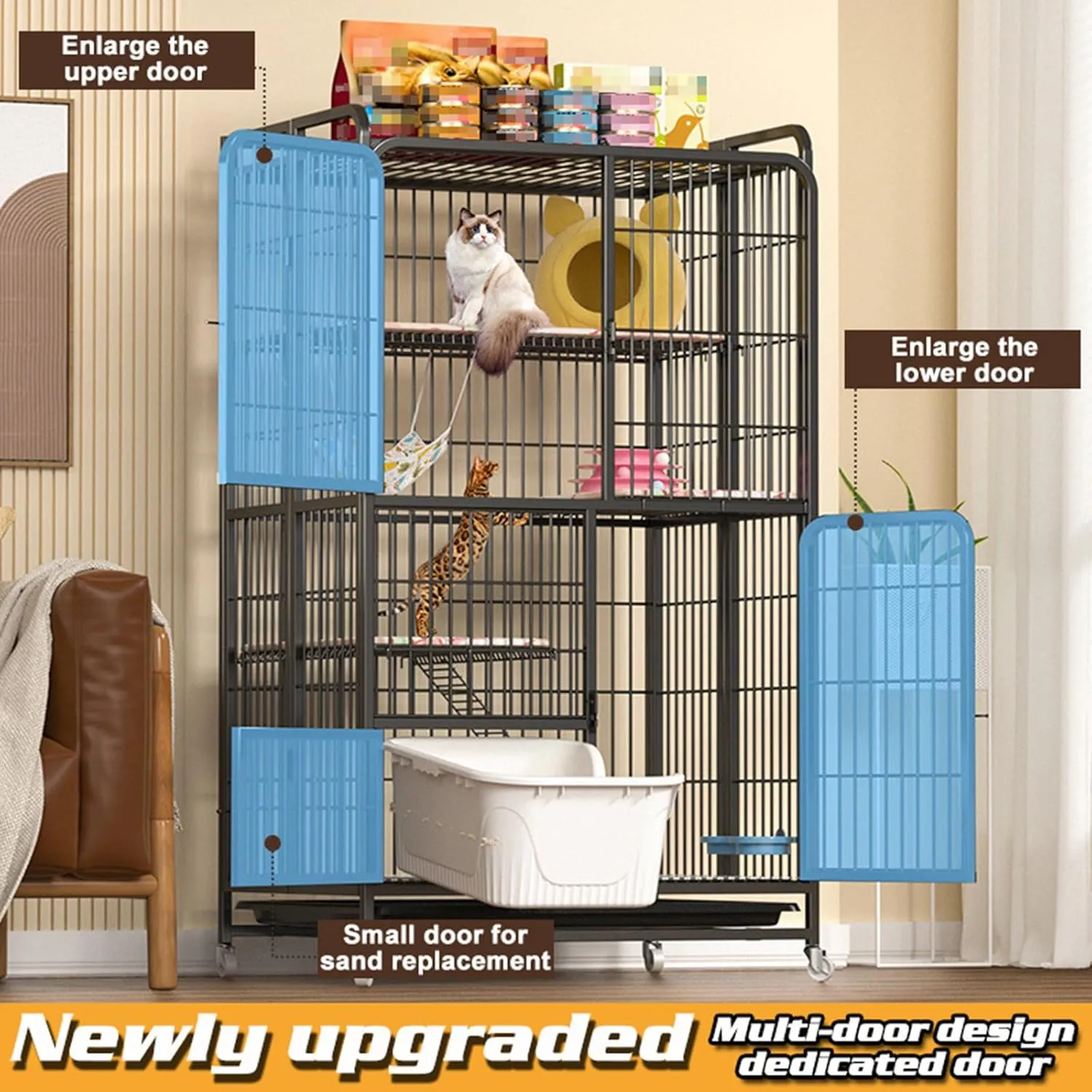 Multi-Tier Collapsible Cat Cage Crate, cat playpen for Indoor with 360 Wheels, Metal Wire Cat Kennel with Secure Lock, Large Ferret Playpen for Adult Cats Kitten Chinchilla (Black 4-Tier)