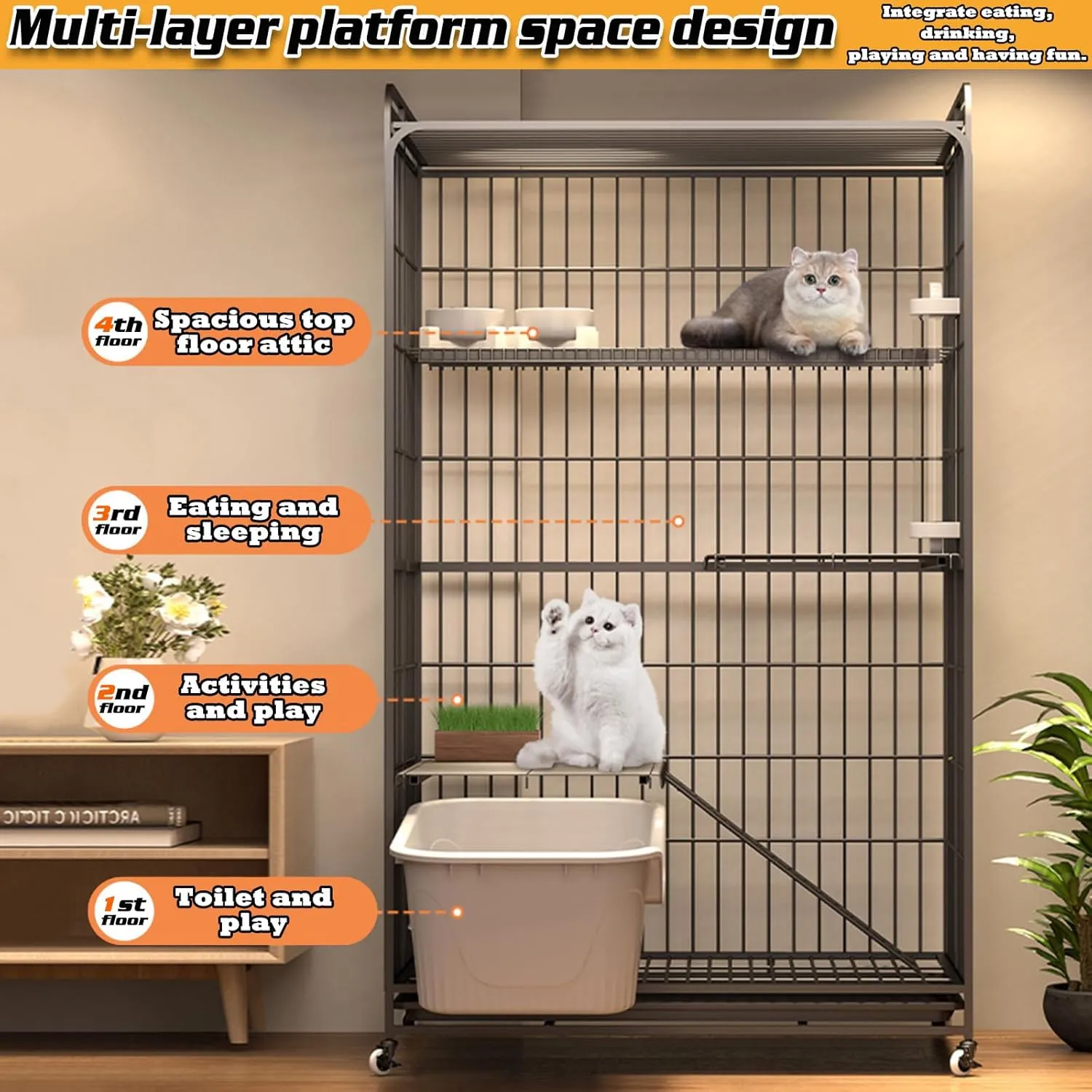 Multi-Tier Collapsible Cat Cage Crate, cat playpen for Indoor with 360 Wheels, Metal Wire Cat Kennel with Secure Lock, Large Ferret Playpen for Adult Cats Kitten Chinchilla (Black 4-Tier)