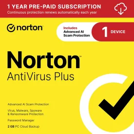 Norton AntiVirus Plus 2025, Antivirus software for 1 Device with Auto-Renewal  Includes Advanced AI Scam Protection, Password Manager and PC Cloud Backup [Download]