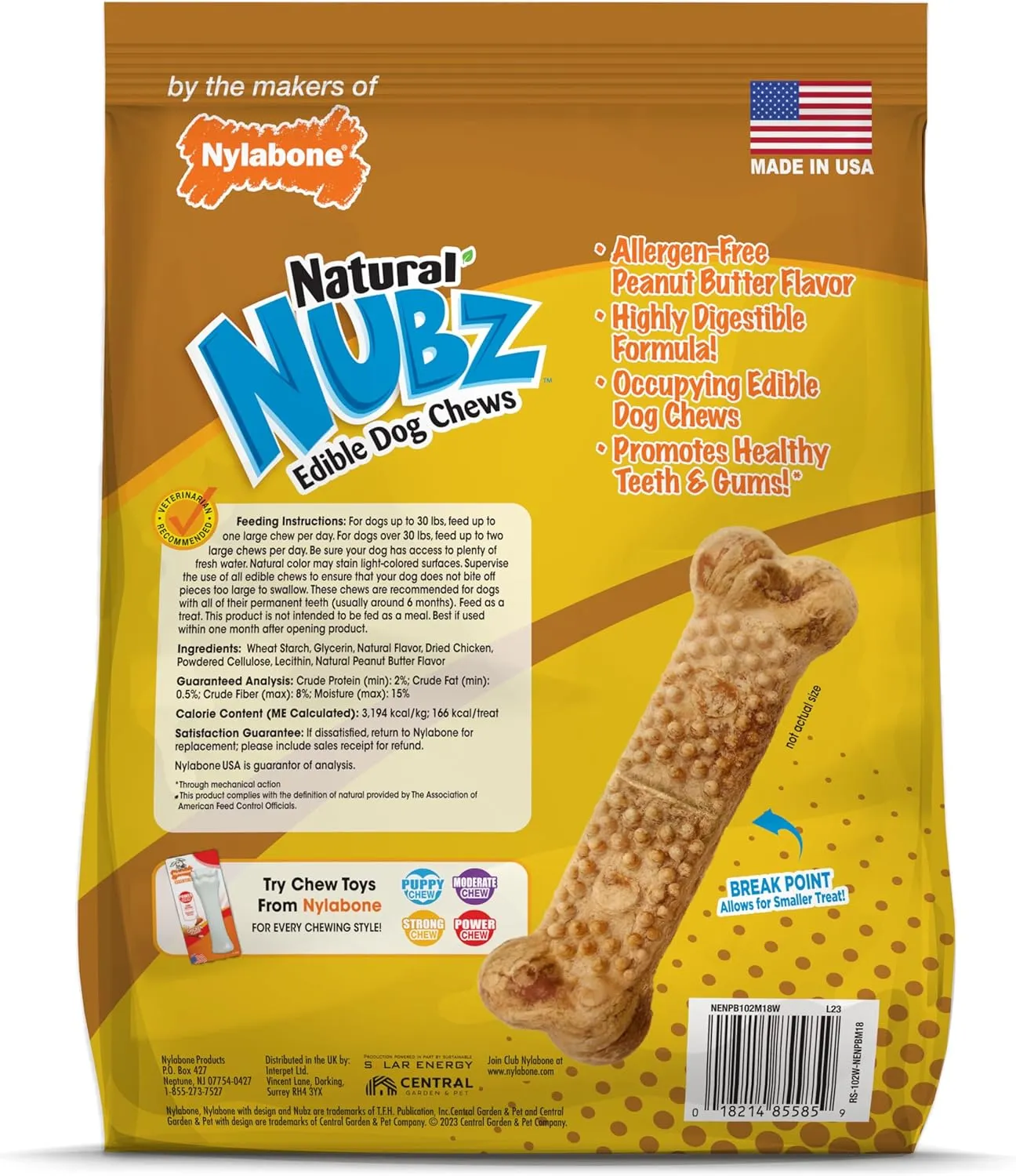 Nylabone Nubz Natural Edible Dog Chew Treats for Dogs, Long Lasting Dog Bones Made in USA, Peanut Butter Flavor Dental Chews, for Dogs Up to 50 lbs. (18 Count)