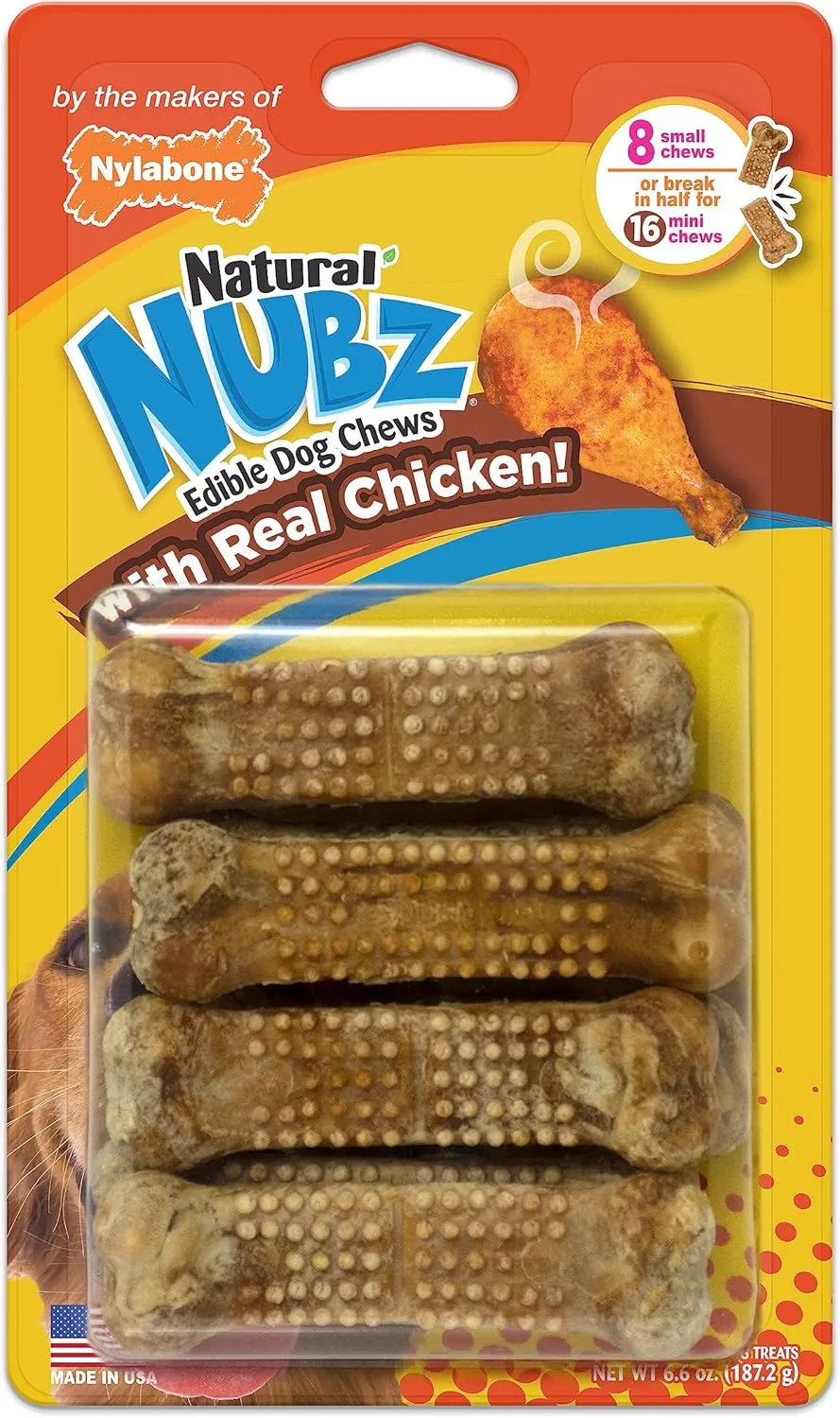Nylabone Nubz Natural Edible Dog Chew Treats for Small Dogs, Long Lasting Dog Bones Made in USA, Chicken Flavor Dental Chews, for Dogs Up to 25 lbs. (8 Count)