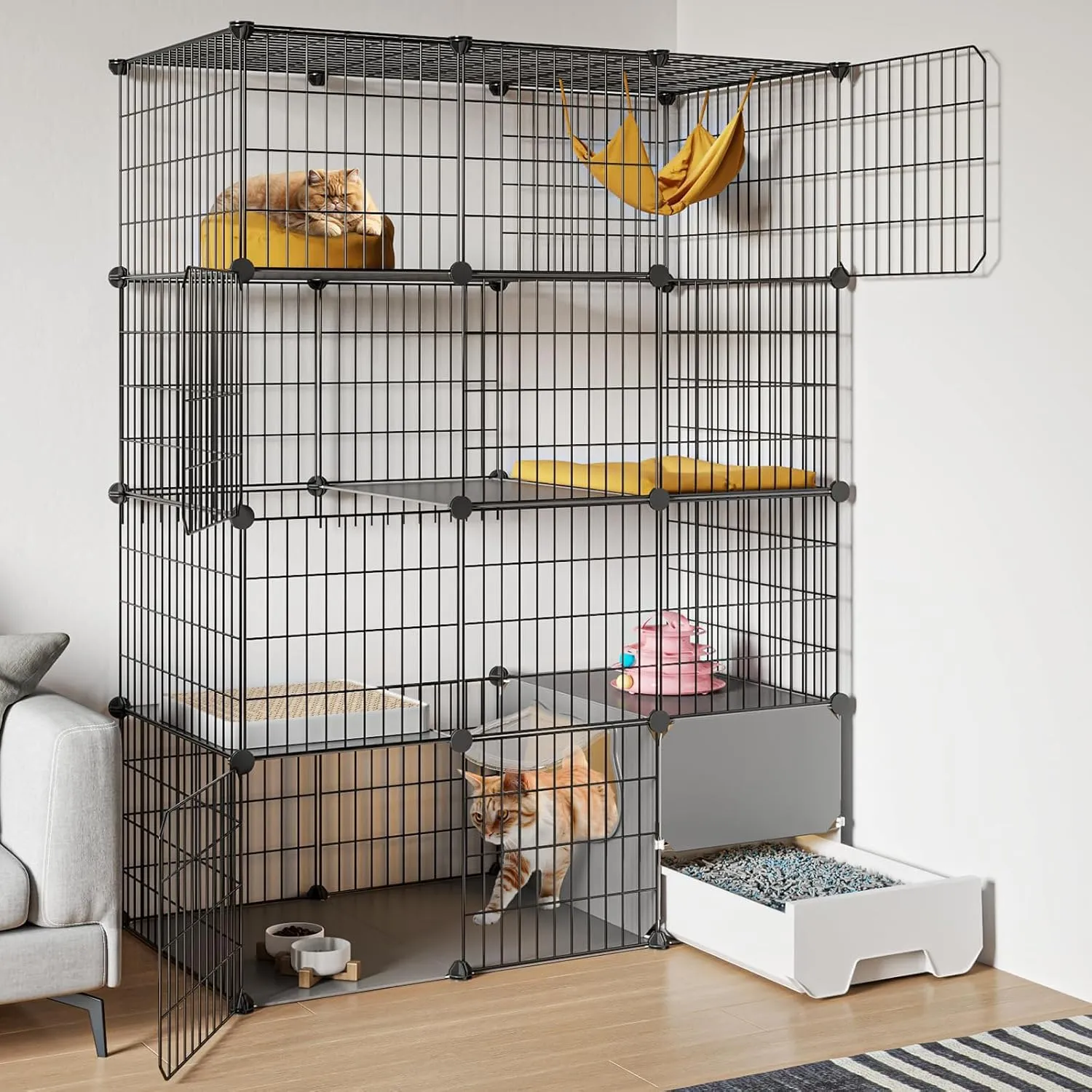 Oneluck Cat Cage with Litter Box, 4-Tier DIY Enclosures Large Playpen Detachable Metal Wire Kennel Indoor Crate Large Exercise Place Ideal for 1-2 Cats, 41.3" L x 17.8" W x 55.1" H