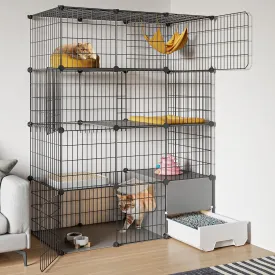 Oneluck Cat Cage with Litter Box, 4-Tier DIY Enclosures Large Playpen Detachable Metal Wire Kennel Indoor Crate Large Exercise Place Ideal for 1-2 Cats, 41.3" L x 17.8" W x 55.1" H