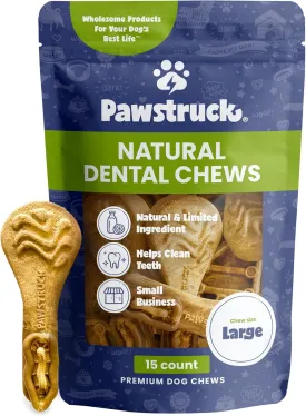 Pawstruck Natural Dental Chews for Medium Large Dogs & Puppies - Vet Recommended Brush Stick Treats Made in USA Breath Freshener to Improve Oral Hygiene & Clean Teeth - 15 Count - Packaging May Vary