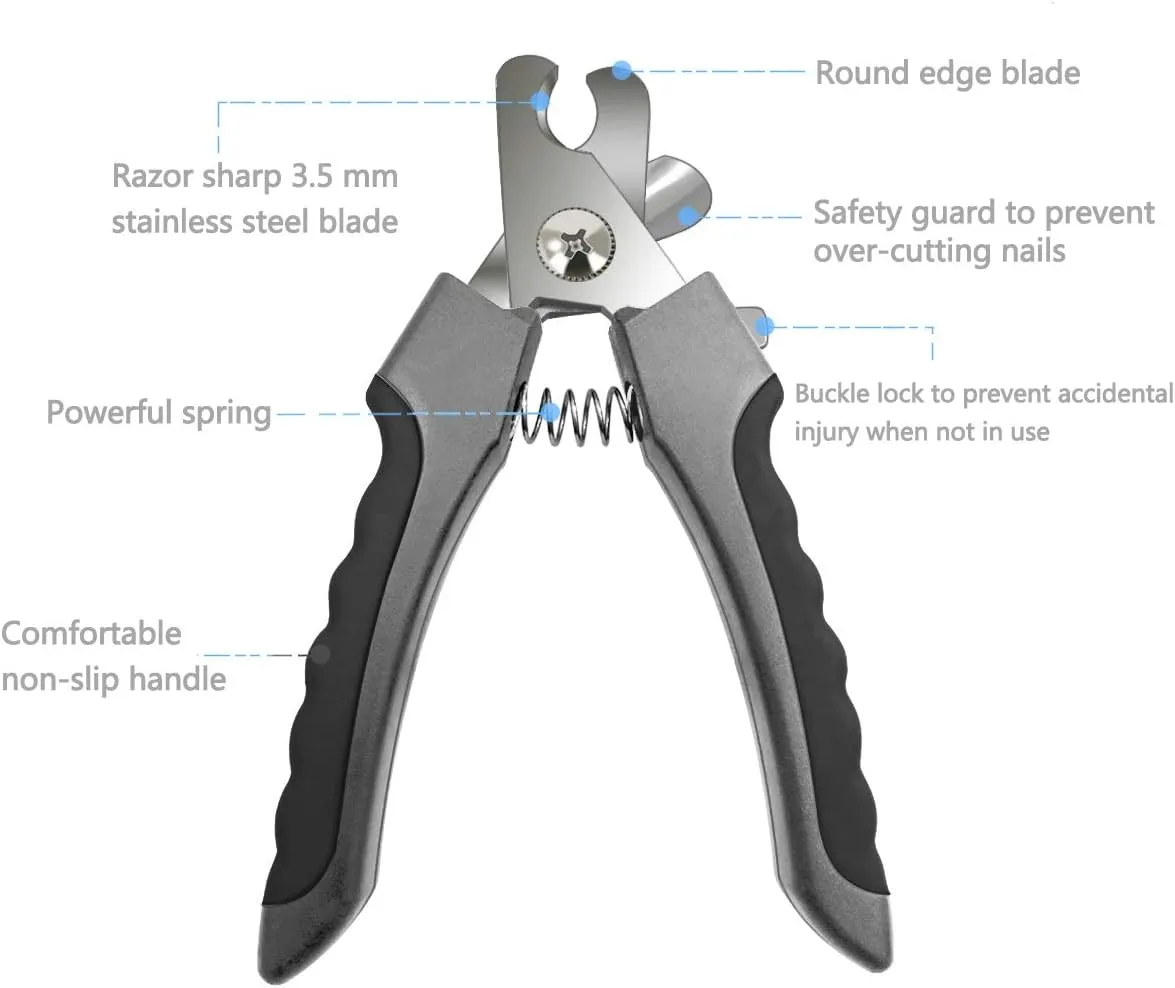 Pet Nail Clippers and Trimmers Set Safety Guard to Avoid Over Cutting Razor Sharp Blades Grooming Tool for All Small Large Dog Cat (Grey)