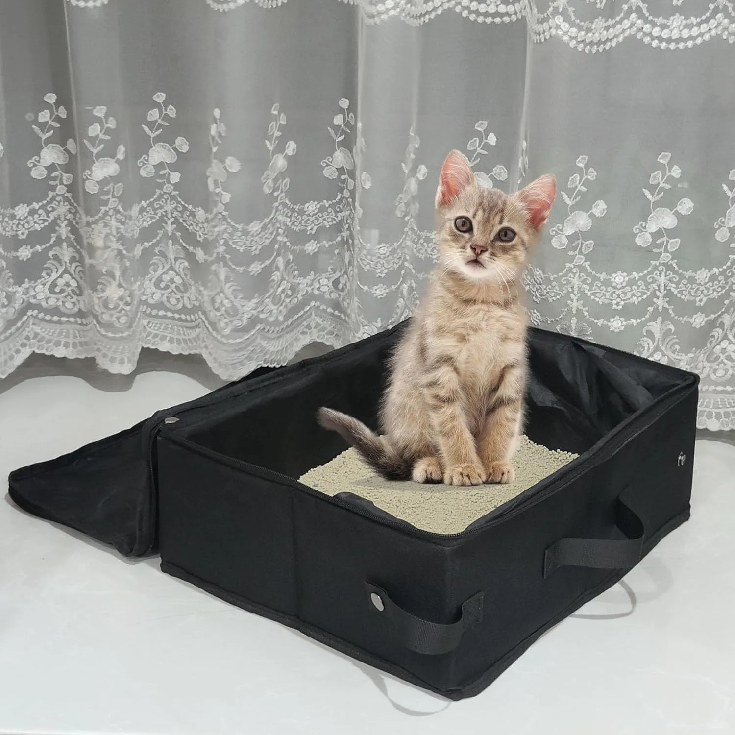 Portable Cat Travel Litter Box, Collapsible Open Cat Small Litter Box with Lid and Handle Standard Fit Medium Cats and Kitties Leak-Proof Lightweight (Black)