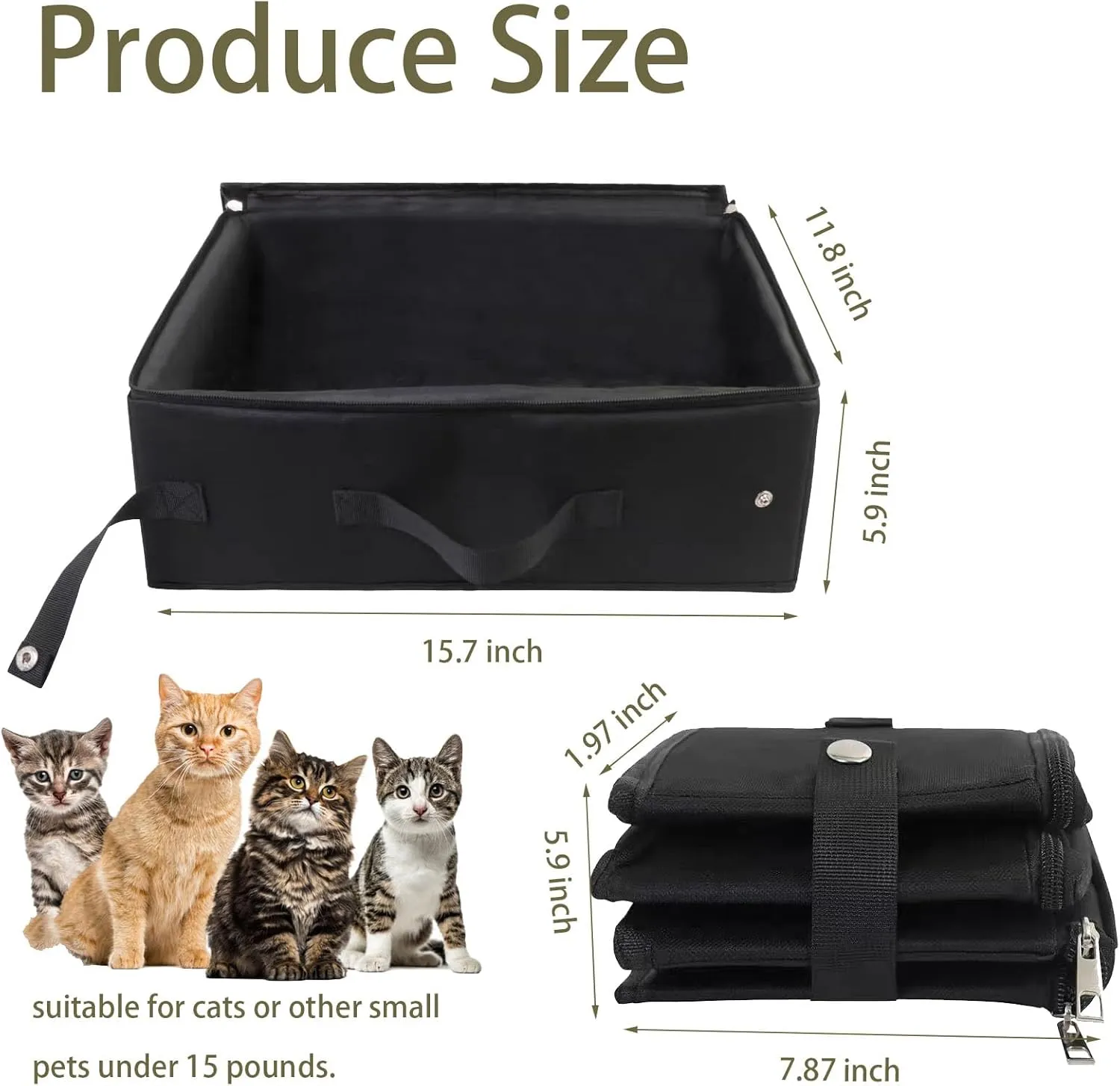 Portable Cat Travel Litter Box, Collapsible Open Cat Small Litter Box with Lid and Handle Standard Fit Medium Cats and Kitties Leak-Proof Lightweight (Black)