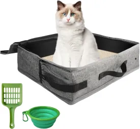 Portable Cat Travel Litter Box with Lid, Collapsible Travel Carrier Small Litter Box Set for Cat, No Smell Leak-Proof, Easy to Carry, Easy to Use in Hotels and Car (Medium,Gray)