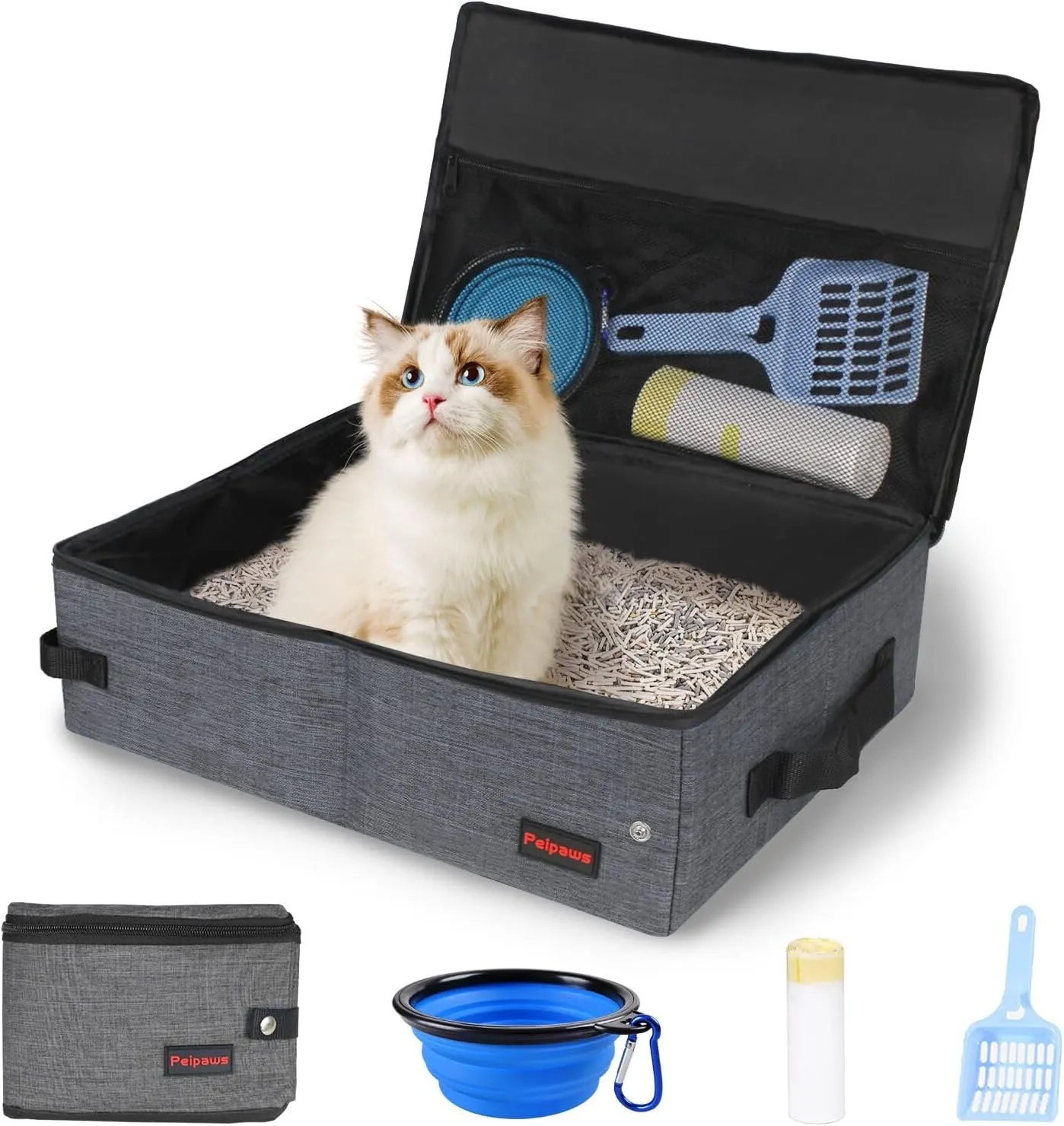 Portable Cat Travel Litter Box. Zipped Lid, Collapsible Litter Box for Cats. No Leakage, No Smell. Easy to Carry. Used for Hotels, Camping, Car (Gray,M)