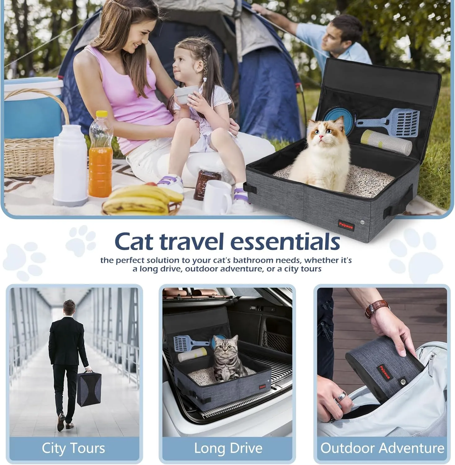 Portable Cat Travel Litter Box. Zipped Lid, Collapsible Litter Box for Cats. No Leakage, No Smell. Easy to Carry. Used for Hotels, Camping, Car (Gray,M)