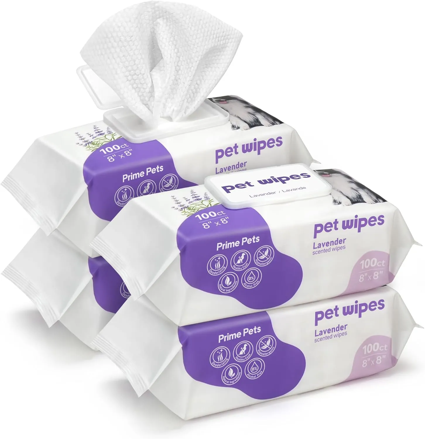 PrimePets Dog Wipes, 400 Count, 8" x 8" Pet Grooming Wipes for Dogs Cats Cleaning Deodorizing, Lavender Scented, Extra Thick Dog Paw Wipes for Sensitive Skin, Clean Ears, Eyes, Butt, Body & Teeth