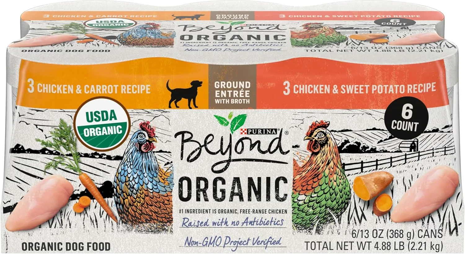 Purina Beyond Natural, Pate, High Protein Wet Dog Food Variety Pack, Organic Chicken Recipes - (Pack of 6) 13 oz. Cans