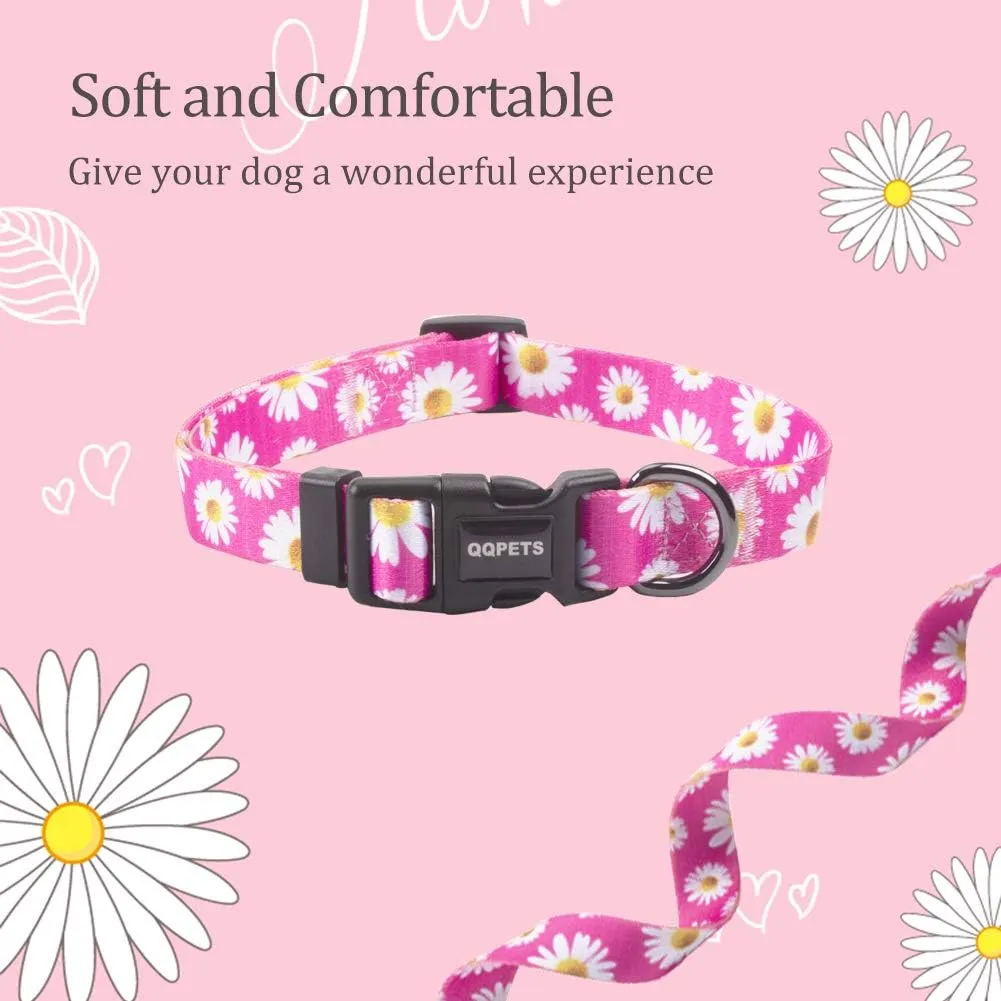QQPETS Adjustable Soft Dog Collar: Print Flower Pink Multicolor Cute Patterns for XS Small Medium Large Pet Girl Boy Puppy Walking Running Training (L, Small Daisies)