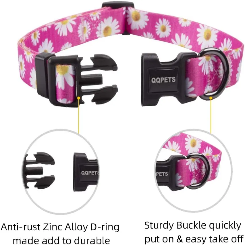 QQPETS Adjustable Soft Dog Collar: Print Flower Pink Multicolor Cute Patterns for XS Small Medium Large Pet Girl Boy Puppy Walking Running Training (L, Small Daisies)