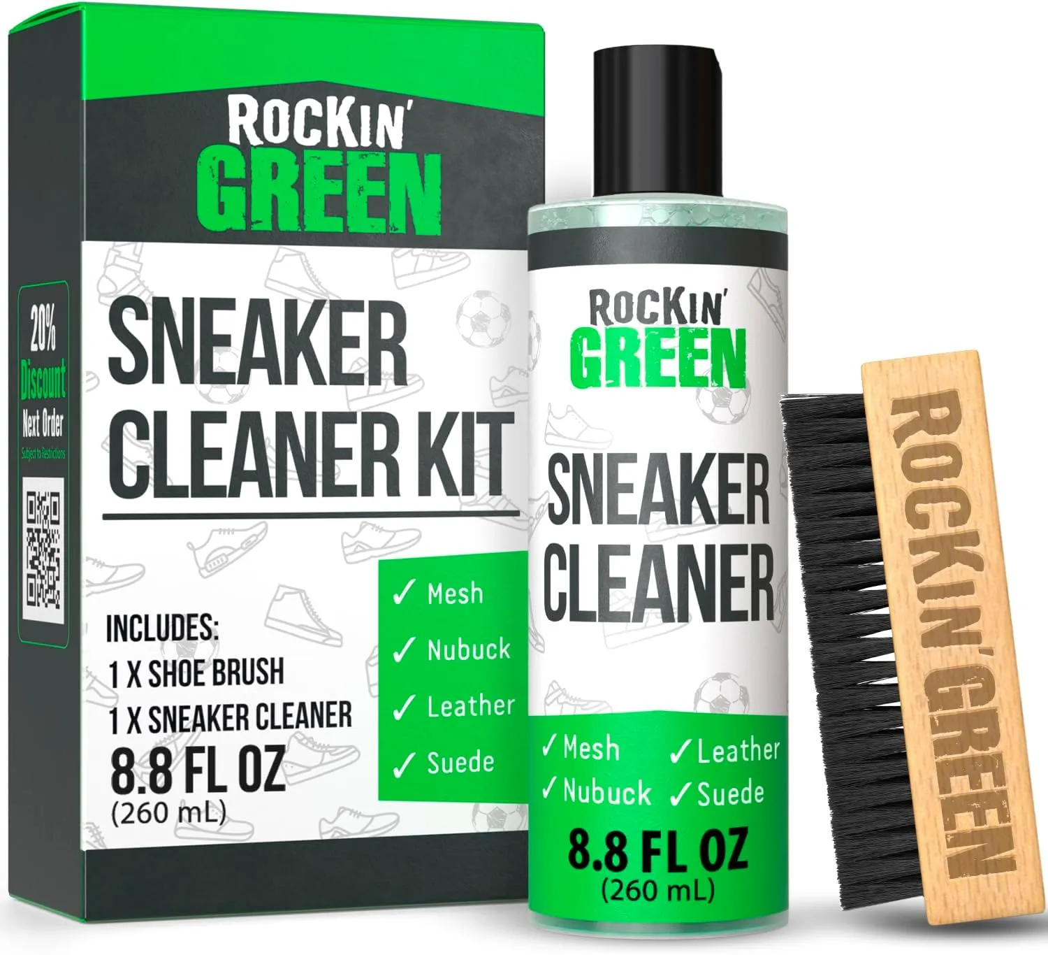 Rockin'Green Shoe Cleaning Kit - Shoe Cleaner Sneakers Solution with Brush Included - Sneaker Cleaner Kit Safe for Mesh, Nubuck, Leather, Suede - Deep Refresh Care Kit (8.8fl oz)