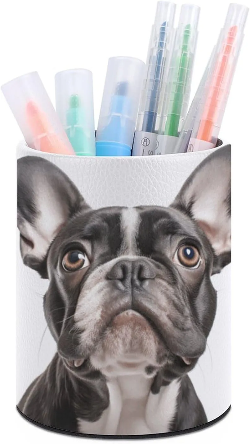 Round Pen Holder,A French Bulldog Printed Makeup Brush Storage Box for Home Office Dressing Table