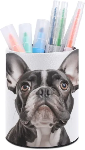 Round Pen Holder,A French Bulldog Printed Makeup Brush Storage Box for Home Office Dressing Table