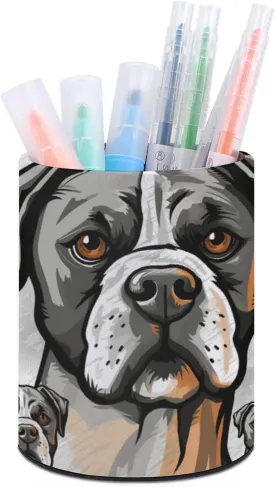 Round Pen Holder,American Bulldog Head Printed Makeup Brush Storage Box for Home Office Dressing Table