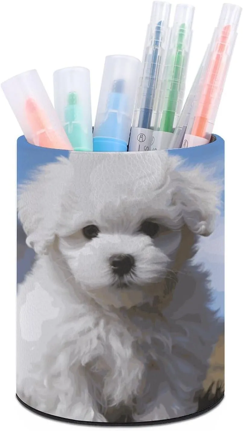 Round Pen Holder,Bichon Frise Dog Printed Makeup Brush Storage Box for Home Office Dressing Table