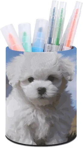 Round Pen Holder,Bichon Frise Dog Printed Makeup Brush Storage Box for Home Office Dressing Table