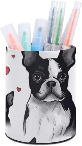 Round Pen Holder,Boston Terrier Heart Dog Printed Makeup Brush Storage Box for Home Office Dressing Table