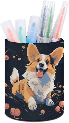 Round Pen Holder,Corgi Dog on Dark Background Printed Makeup Brush Storage Box for Home Office Dressing Table
