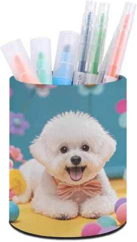 Round Pen Holder,Cute Bichon Frise Dog Printed Makeup Brush Storage Box for Home Office Dressing Table