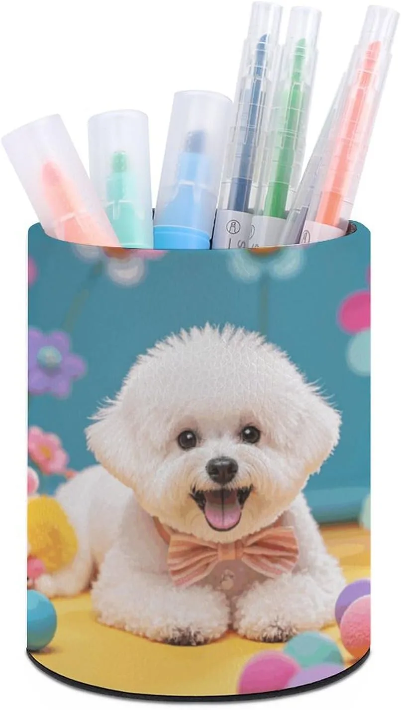 Round Pen Holder,Cute Bichon Frise Dog Printed Makeup Brush Storage Box for Home Office Dressing Table