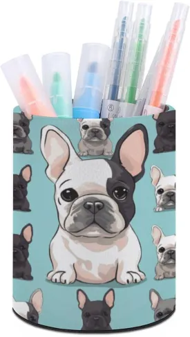 Round Pen Holder,Cute French Bulldog Printed Makeup Brush Storage Box for Home Office Dressing Table