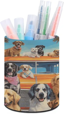 Round Pen Holder,Dog Days of Summer Printed Makeup Brush Storage Box for Home Office Dressing Table