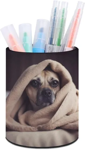 Round Pen Holder,Dog in A Blanket Printed Makeup Brush Storage Box for Home Office Dressing Table