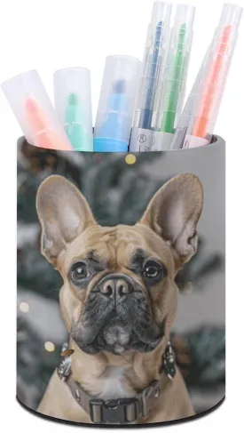 Round Pen Holder,Light Brown Dog Printed Makeup Brush Storage Box for Home Office Dressing Table