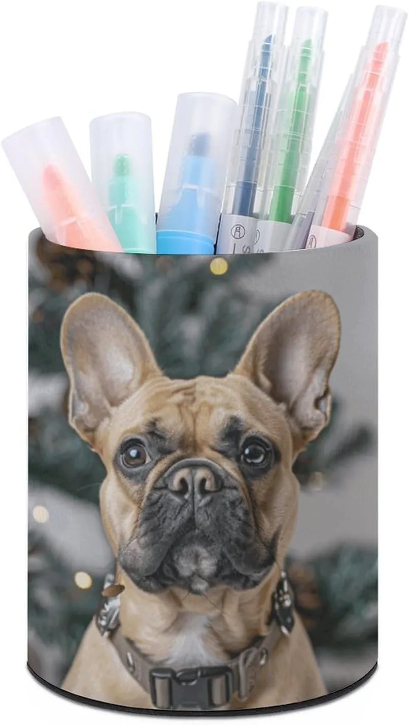 Round Pen Holder,Light Brown Dog Printed Makeup Brush Storage Box for Home Office Dressing Table