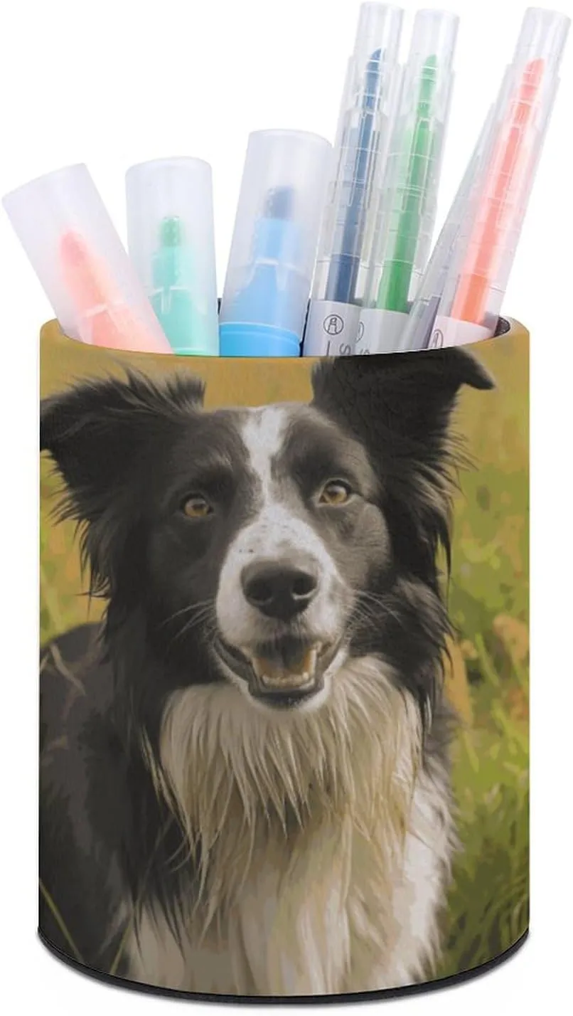 Round Pen Holder,Mohado Border Collie Dog Printed Makeup Brush Storage Box for Home Office Dressing Table