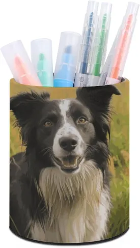 Round Pen Holder,Mohado Border Collie Dog Printed Makeup Brush Storage Box for Home Office Dressing Table