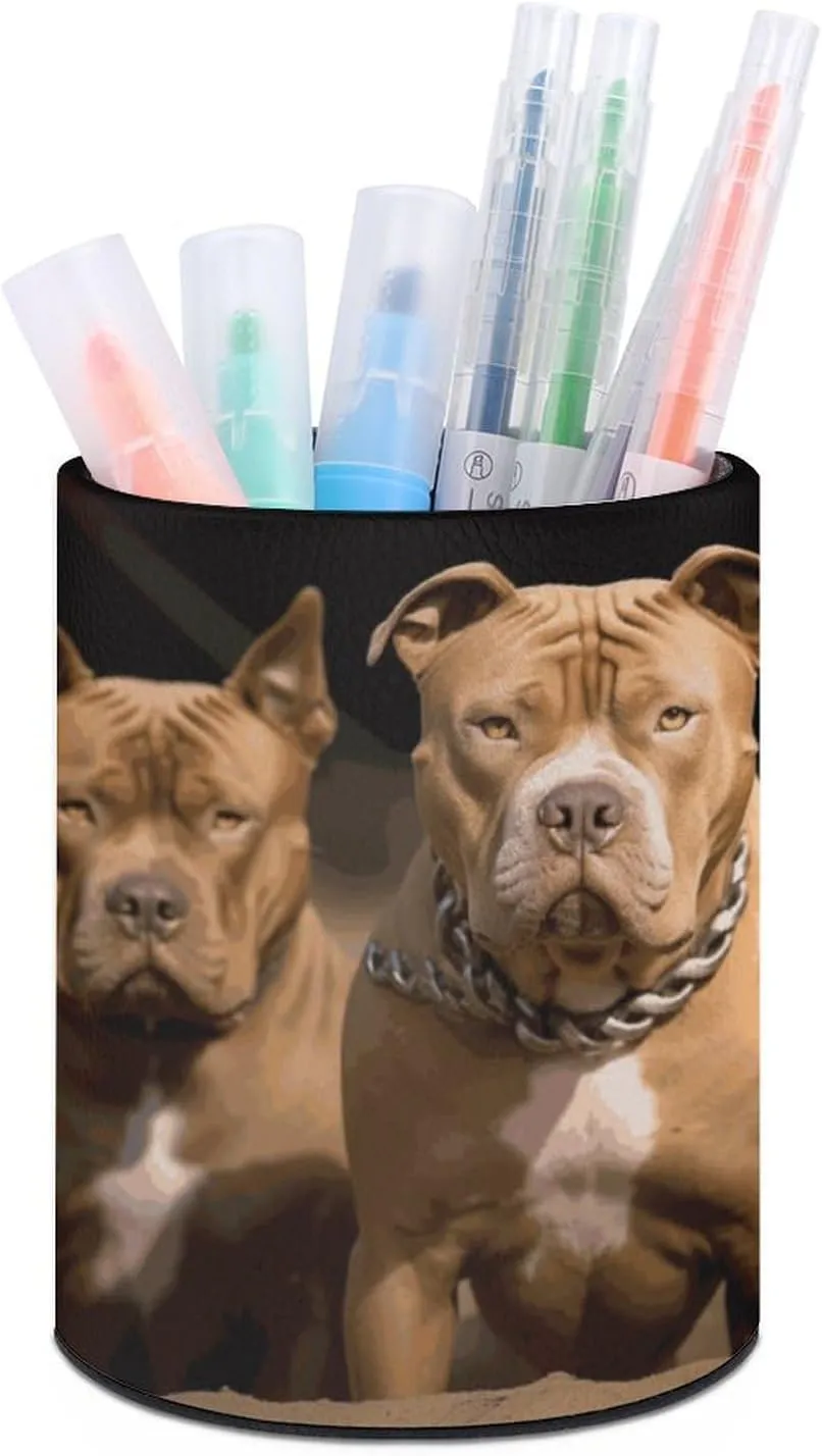 Round Pen Holder,Pitbull Dogs Printed Makeup Brush Storage Box for Home Office Dressing Table