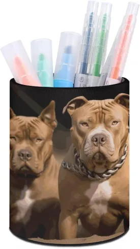 Round Pen Holder,Pitbull Dogs Printed Makeup Brush Storage Box for Home Office Dressing Table