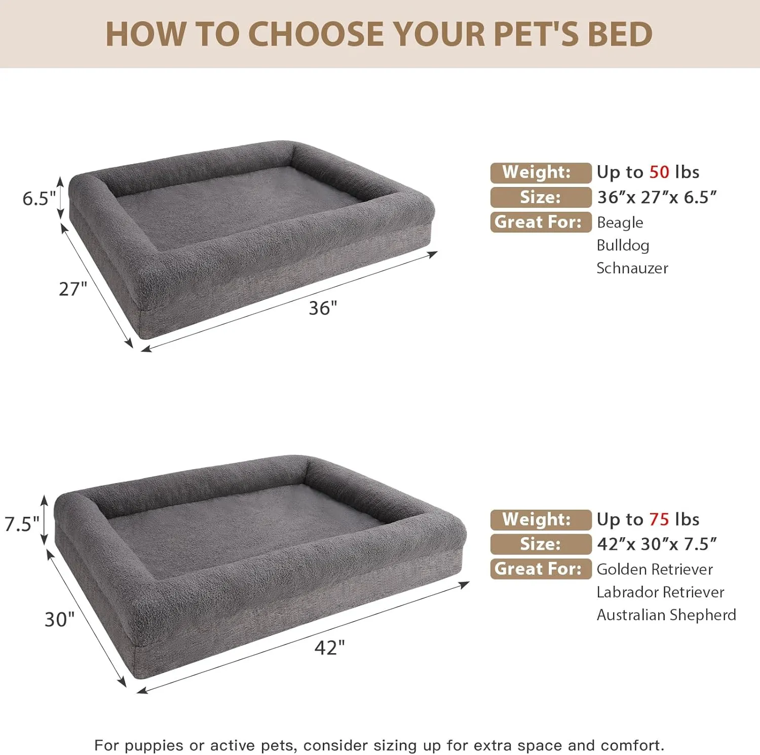 RRPETHOME Washable Dog Beds Large Sized Dog Couch, Extra Large Orthopedic Dogs Beds with Removable Cover, Waterproof Pet Bed with Bolsters, Pet Crate Bed with Non Slip Bottom, XL, Grey