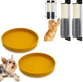 Silicone Cat Bowl Set of 2 with Cat Scratching Post Wall Mounted 2 Pack Cage Mount Cat Scratcher 2-in-1 Natural Sisal Kitty Scratch Posts with Self Groomer Massager for Scratch and Climbing