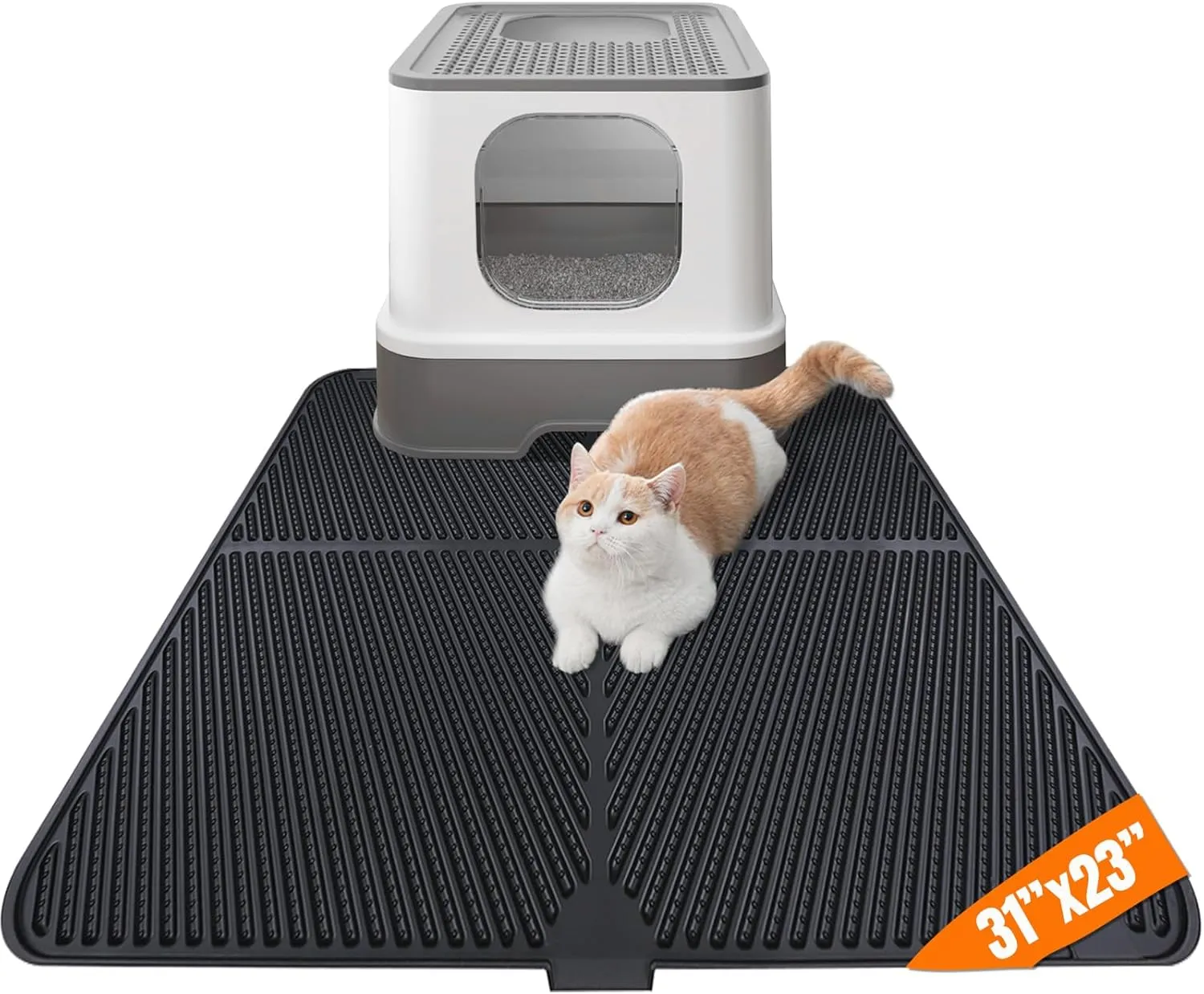 Silicone Cat Litter Mat, Large Litter Box Mat 31"X23", Soft Non-slip Kitty Litter Trapping Mat, Urine and Water Proof Cat Litter Catcher Rug, Easy to Lay Flat and Clean (Black)