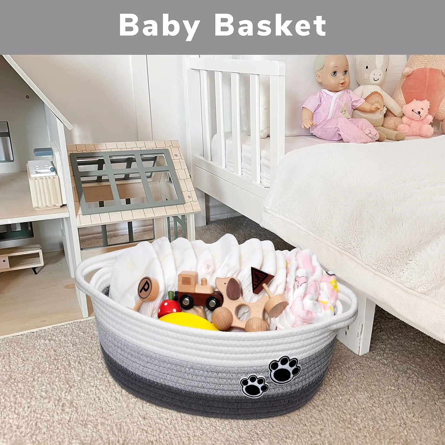 Small Dog Toy Basket, Cute Woven Baskets for Shelves, Decorative Rope Storage Baskets for Nursery, Baby Gift Basket for Diapers, 12 x 8 x 5 inches